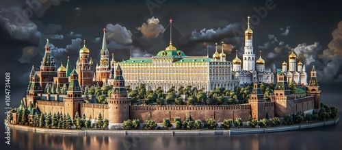 Breathtaking view of the iconic Kremlin complex with its ornate colorful domes and towers reflected in the river set against a dramatic cloudy sky