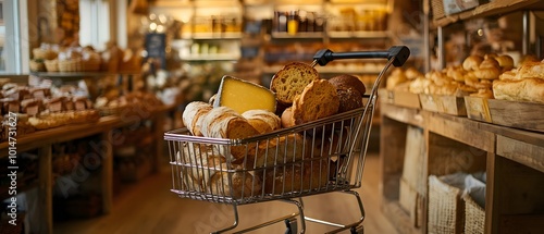 Shopping cart filled with fresh bread and cheese in a warm, inviting bakery environment, showcasing a variety of baked goods.