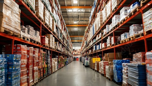 Wallpaper Mural Spacious warehouse interior filled with neatly stacked pallets and organized shelves, ideal for logistics and inventory storage. Torontodigital.ca