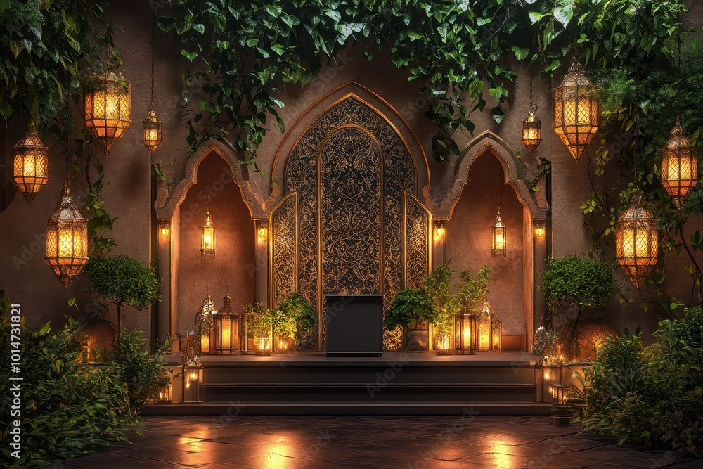 A serene, decorative space with ornate lanterns and lush greenery for relaxation or gatherings. A serene, decorative space with ornate lanterns and lush greenery for relaxation or gatherings.