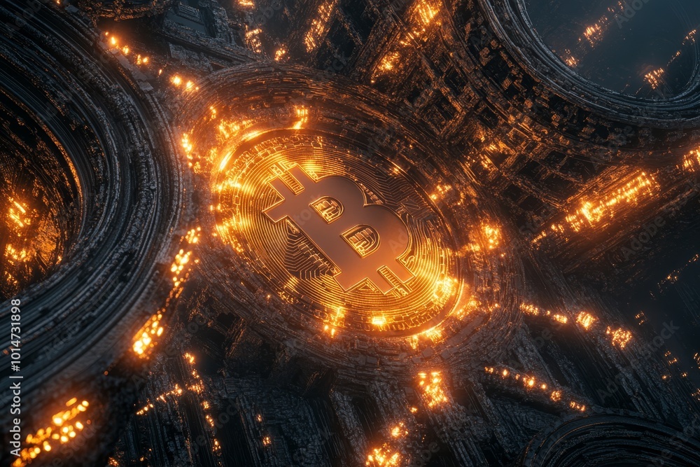 3D-rendered Bitcoin logo surrounded by a complex network of glowing digital nodes, captured with ultra realism and epic composition for high-tech digital imagery. 3D-rendered Bitcoin logo surrounded by a complex network of glowing digital nodes, captured with ultra realism and epic composition for high-tech digital imagery.