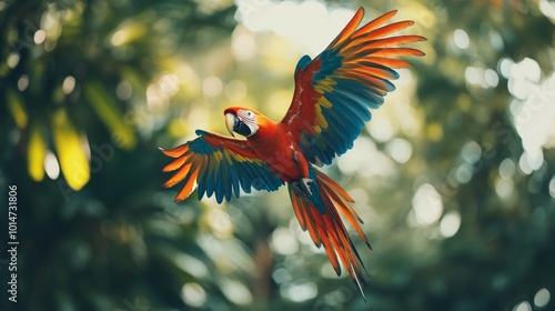 A scarlet macaw with bright red, yellow, and blue feathers flies through a lush green jungle with a blurry background. photo