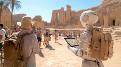3D render of [Tour Guide Robot] A knowledgeable tour guide robot, leading a group of tourists through an ancient historical site. The robot is holding a digital tablet, explaining the history of the