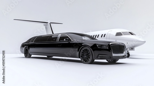 A black limousine parked next to a white private jet. photo