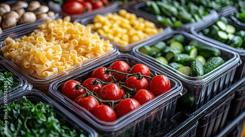 A healthy meal prep station with colorful vegetables and whole grains. Concept of nutritious eating and planning.