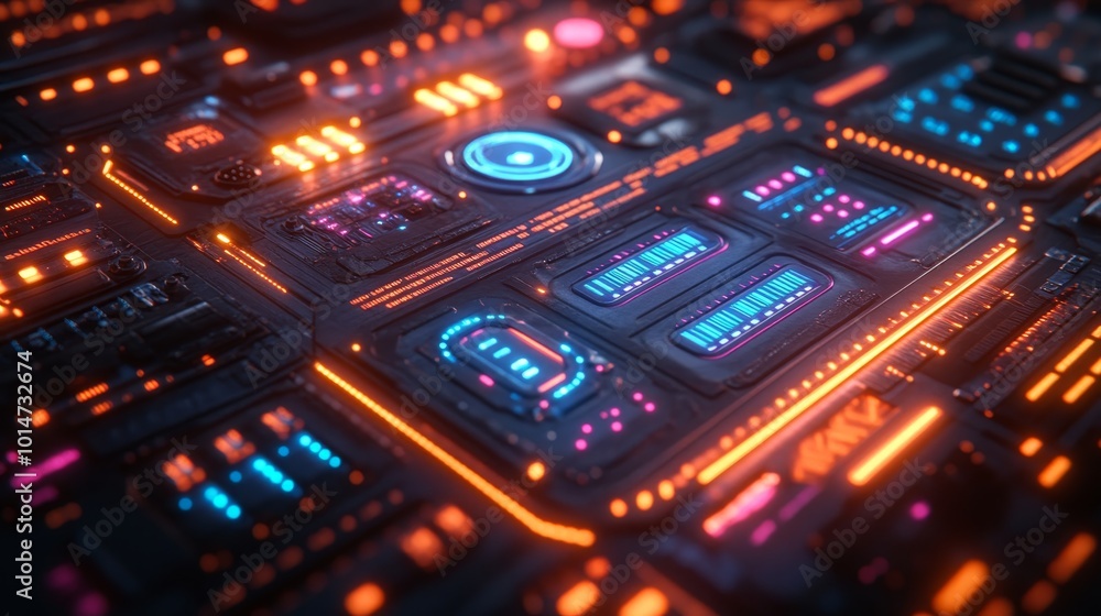 Close-up of a software development interface glowing with blue and purple lights, captured with ultra realism and epic composition for tech visuals. Close-up of a software development interface glowing with blue and purple lights, captured with ultra realism and epic composition for tech visuals.