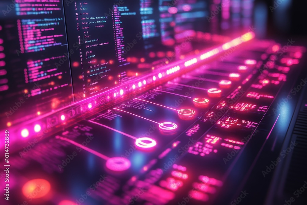 Abstract software deployment process visualized with neon lights and floating code lines, captured with ultra realism and epic composition for tech visuals. Abstract software deployment process visualized with neon lights and floating code lines, captured with ultra realism and epic composition for tech visuals.