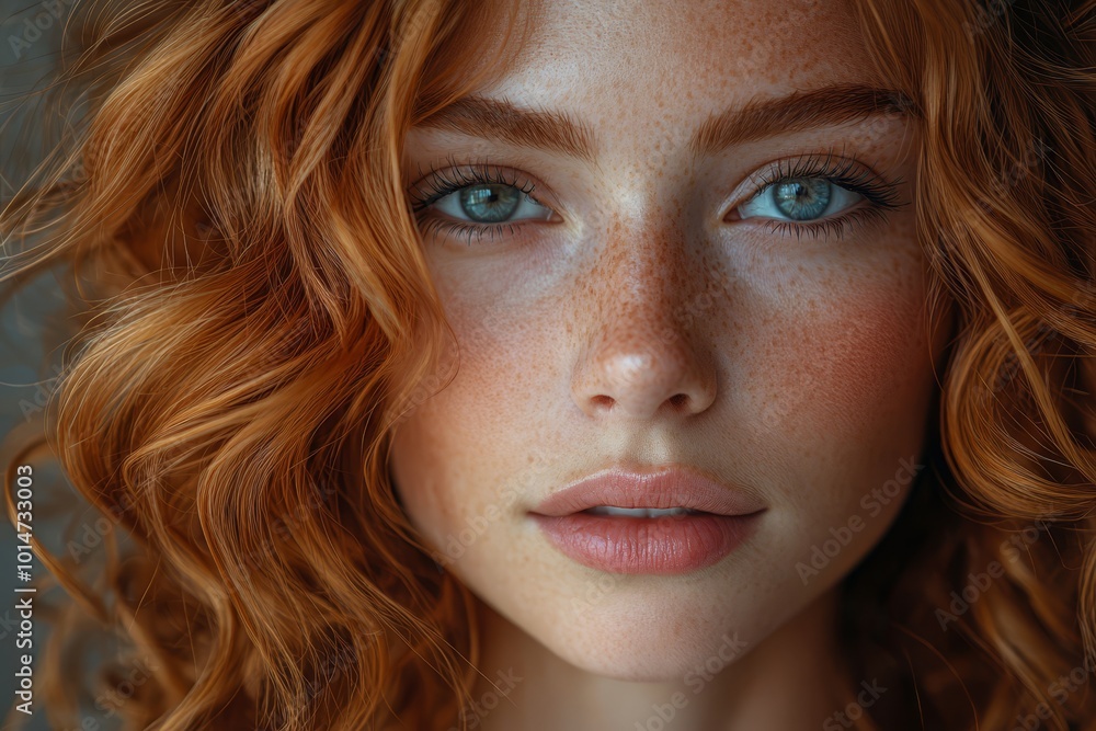 Naklejka premium Captivating portrait of a young woman with curly red hair and striking blue eyes in natural light indoors