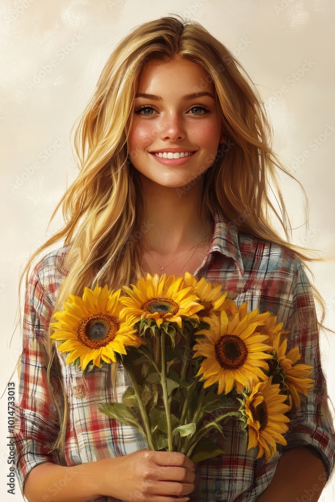 24-year-old woman with long blonde hair, wearing a plaid shirt, holding a bouquet of sunflowers, bright eyes and warm smile illuminated by soft lighting. 24-year-old woman with long blonde hair, wearing a plaid shirt, holding a bouquet of sunflowers, bright eyes and warm smile illuminated by soft lighting.