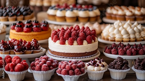 A colorful array of desserts featuring cakes and pastries topped with fresh fruits.