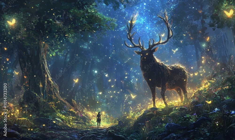 A lone figure walks through a magical forest. A lone figure walks through a magical forest.