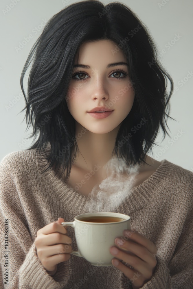 20-year-old woman with shoulder-length black hair, wearing a casual sweater, holding a steaming cup of tea, her serene expression enhanced by soft lighting. 20-year-old woman with shoulder-length black hair, wearing a casual sweater, holding a steaming cup of tea, her serene expression enhanced by soft lighting.