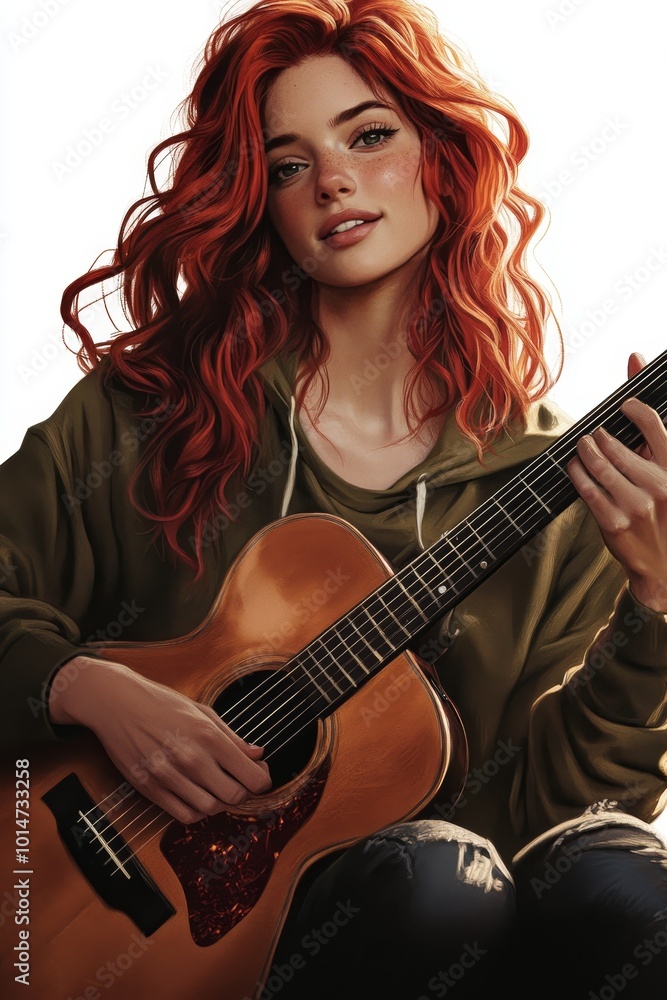 Obraz premium 20-year-old woman with medium-length red hair, wearing a casual hoodie, holding a guitar, light reflecting off her joyful expression and smooth skin.