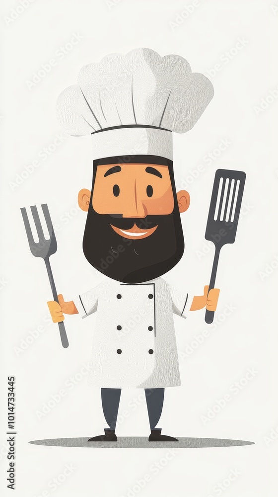 Stylized image of a chef holding a spatula and wearing a chef's hat, flat style on white background. Stylized image of a chef holding a spatula and wearing a chef's hat, flat style on white background.