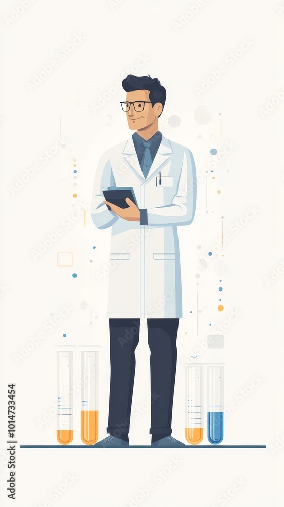 Stylized image of a scientist with a lab coat and test tubes, flat style on white background. Stylized image of a scientist with a lab coat and test tubes, flat style on white background.