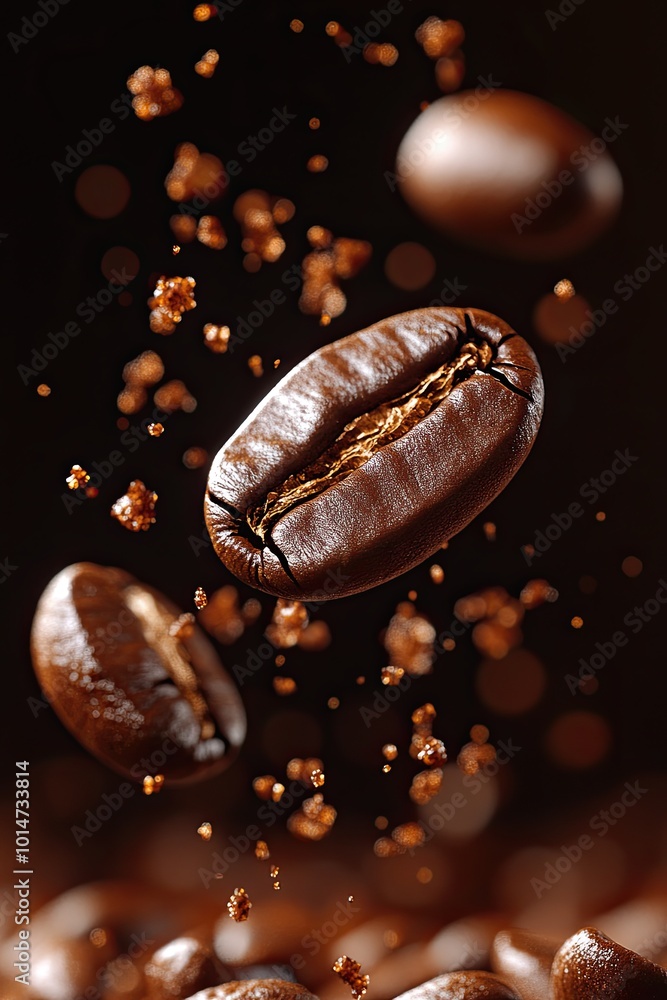 Floating coffee beans. Macro, close-up. Background, wallpaper, banner Floating coffee beans. Macro, close-up. Background, wallpaper, banner