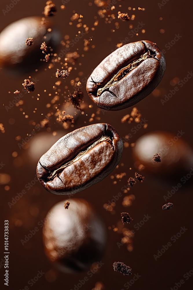 Floating coffee beans. Macro, close-up. Background, wallpaper, banner