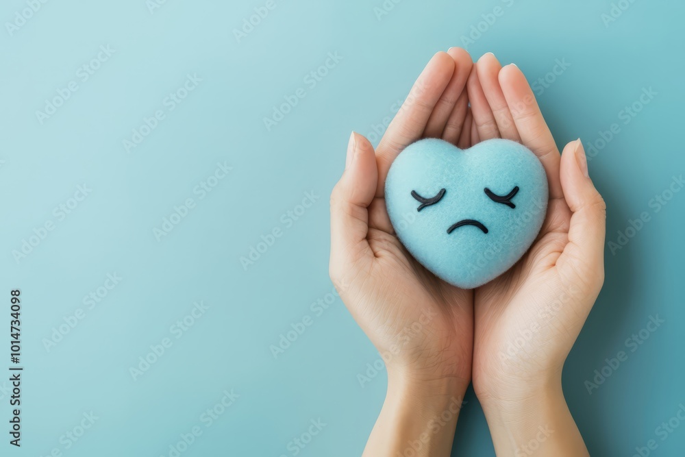 Fototapeta premium Close-up of hands holding a blue sad heart with a sad smiley face against a pastel blue background, perfect for expressing feelings of sadness and mental health awareness