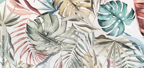  Texture of wallpaper or fabric with an ornament of colored palm leaves on a white background. Print with palm leaves ornament. Exotic background ornament. Interior design wallpaper. Fashion design.