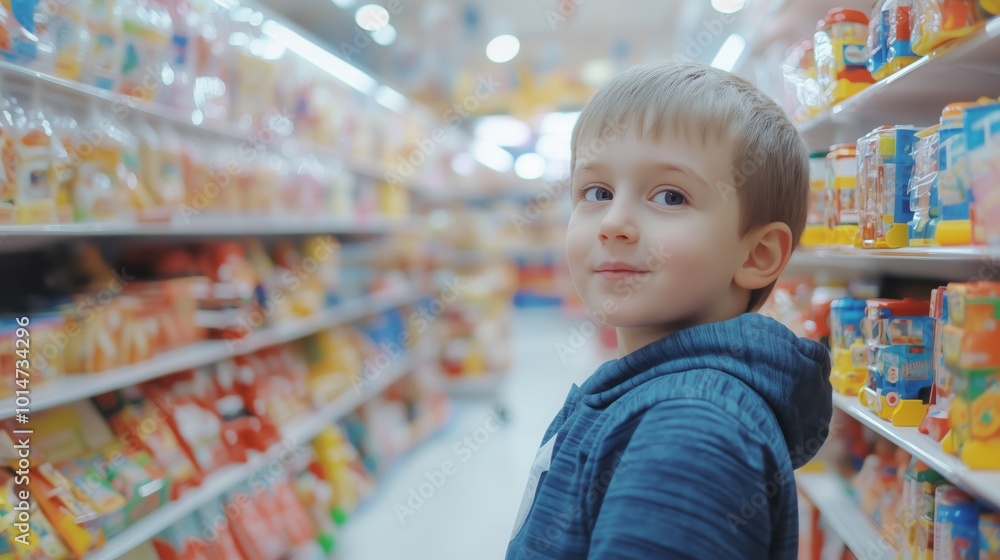 A boy in the store. A child against the background of shelves with products. A child chooses goods. A boy in the store. A child against the background of shelves with products. A child chooses goods.