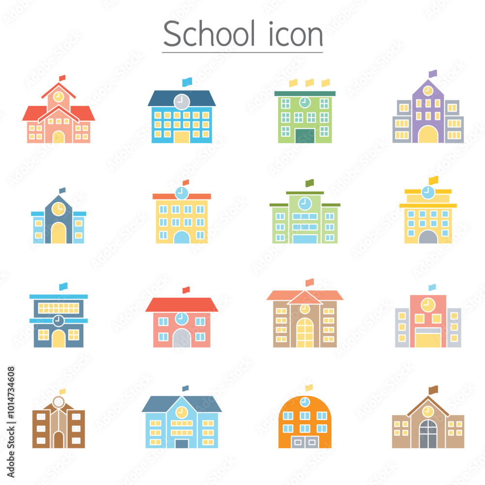 School icon set in flat color style School icon set in flat color style