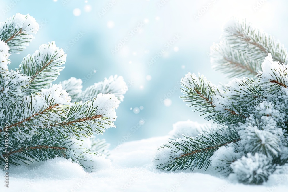 A snowy winter background with snowflakes and pine branches, creating an atmosphere of Christmas and New Year celebration. Winter. A snowy winter background with snowflakes and pine branches, creating an atmosphere of Christmas and New Year celebration. Winter.