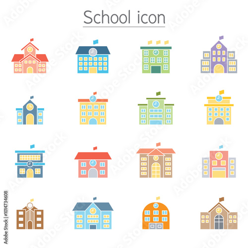 School icon set in flat color style