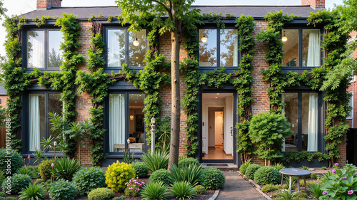 Sustainable house with green wall architecture and garden landscape