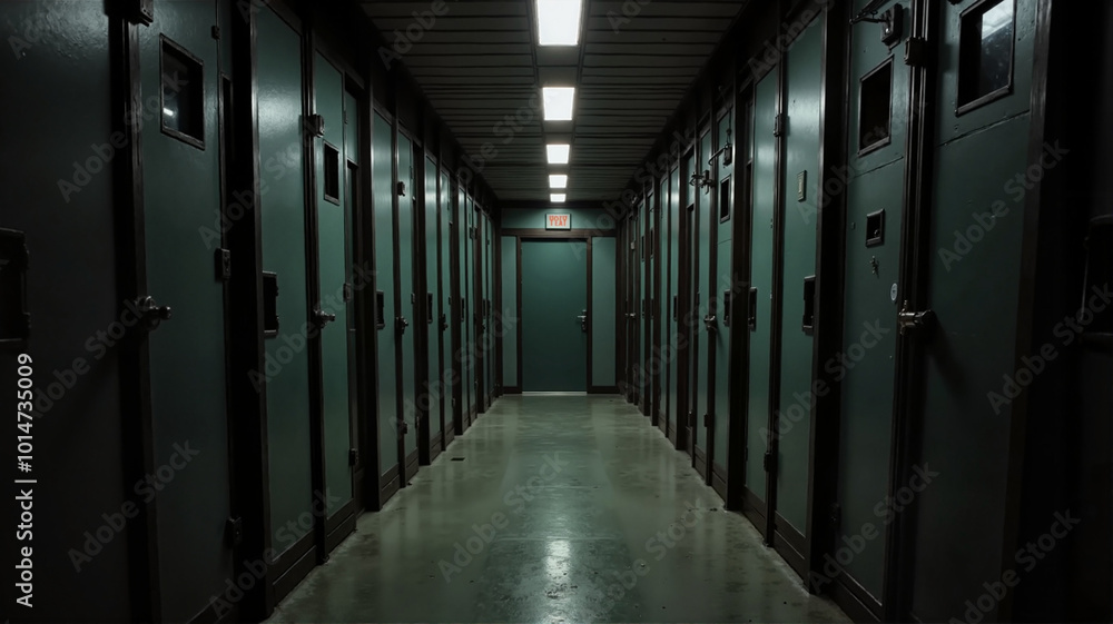 Dark prison hallway with locked cell doors and fluorescent lights Dark prison hallway with locked cell doors and fluorescent lights