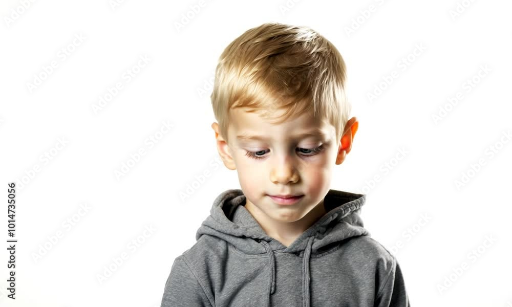 little boy with blond hair in a gray hoodie on a white background
little boy with blond hair in a gray hoodie on a white background