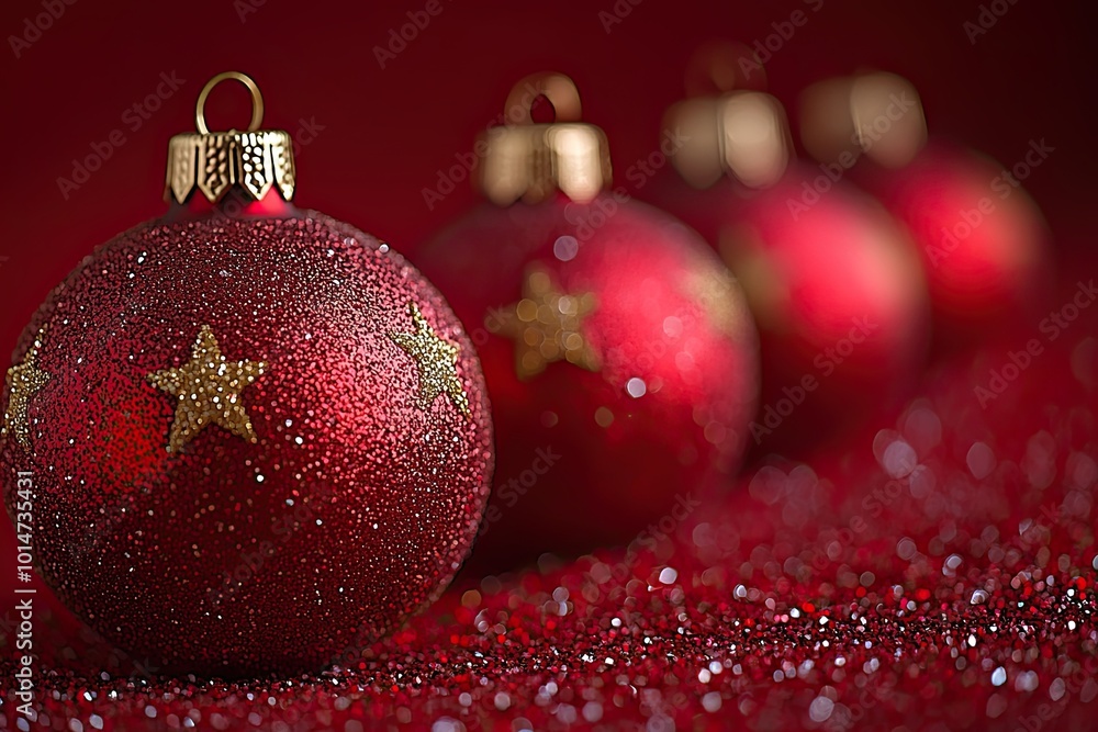 Red Christmas ornaments with golden stars on a red background. Christmas, New Year. Red Christmas ornaments with golden stars on a red background. Christmas, New Year.