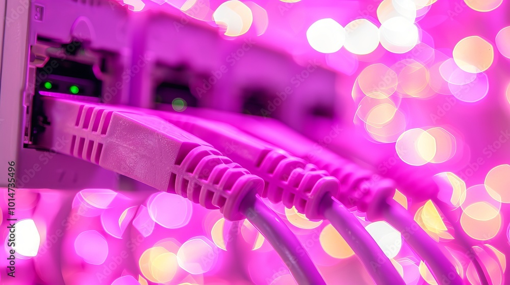 Close up of network cables with fiber optic background showcasing data center infrastructure Close up of network cables with fiber optic background showcasing data center infrastructure