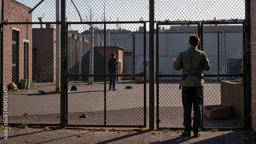 Men standing behind a fence in prison yard