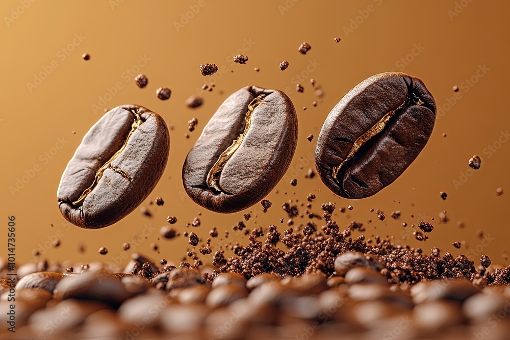 Floating coffee beans. Macro, close-up. Background, wallpaper, banner Floating coffee beans. Macro, close-up. Background, wallpaper, banner