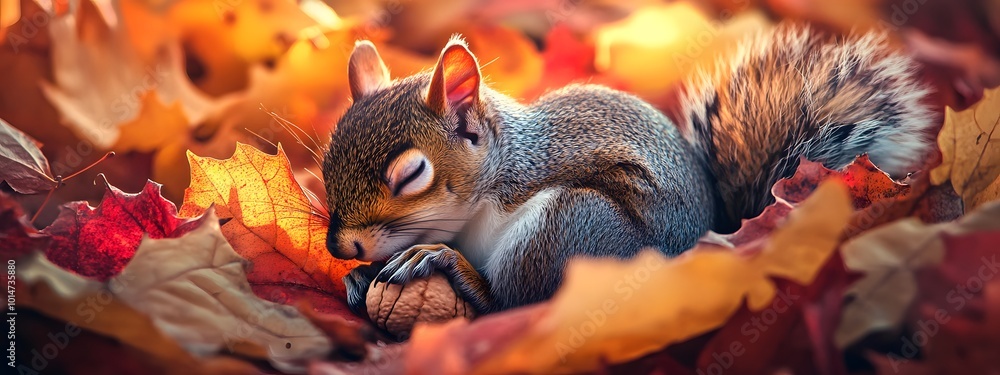 A cute squirrel sleeping in an acorn, surrounded by autumn leaves A cute squirrel sleeping in an acorn, surrounded by autumn leaves