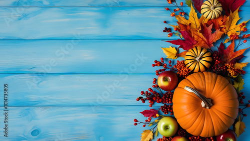 halloween background with pumpkins on blue wooedn background with copy-space, autumn leaves, fall photo