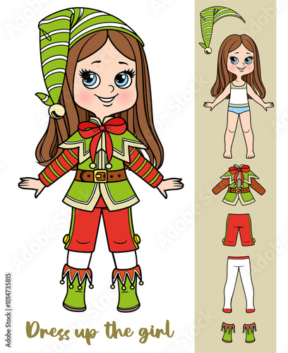 Cute cartoon girl with straight hair with clothes for New Year Elf costume constructor