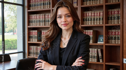 Female lawyer standing confidently in front of law books