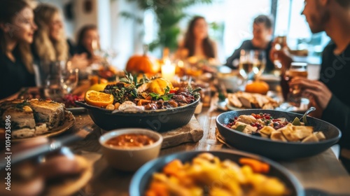 Thanksgiving celebration with a beautifully lit table, filled with holiday dishes, surrounded by family members.