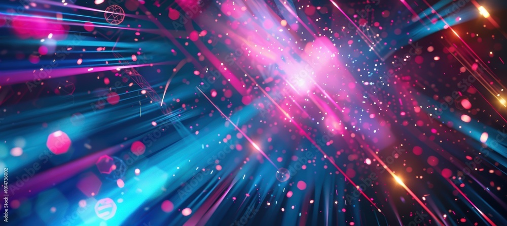 Obraz premium Futuristic New Year Background with Neon Geometric Shapes and Dynamic Light Trails