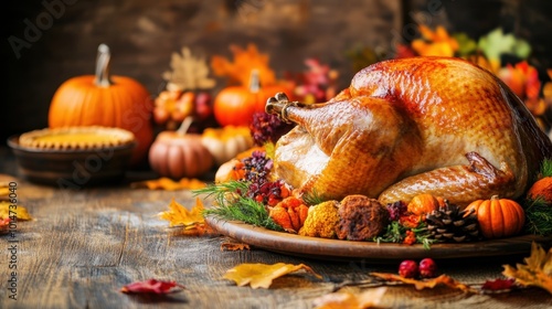 Thanksgiving dinner setup with roasted turkey, pumpkin pie, and autumn-themed decor, creating a warm and inviting setting.