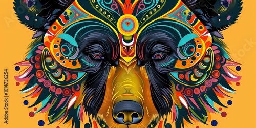 Female artist's depiction of a bear head with colorful tribal ornaments.