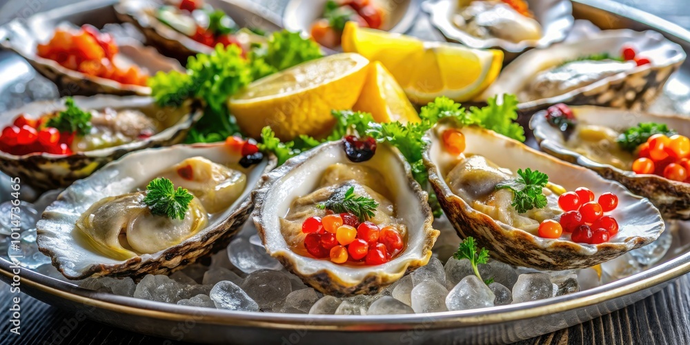 A close-up of gourmet oysters garnished with lemon and caviar on a tray, highlighting exquisite seafood delicacies sourced fresh from an exceptional oyster farm. A close-up of gourmet oysters garnished with lemon and caviar on a tray, highlighting exquisite seafood delicacies sourced fresh from an exceptional oyster farm.