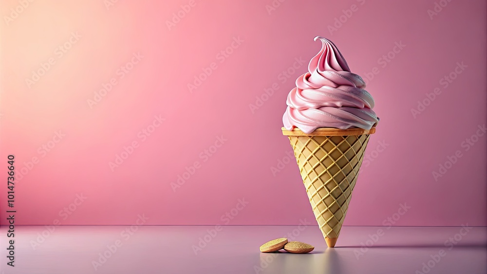 A delicious melted ice cream in a wafer cone against a soft pink background, ideal for summer desserts and sweet treats. Room for your custom text! A delicious melted ice cream in a wafer cone against a soft pink background, ideal for summer desserts and sweet treats. Room for your custom text!