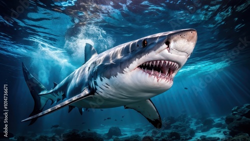 A realistic depiction of a shark swimming in clear ocean waters.