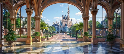 Magnificent fairy tale castle with ornate medieval architecture towering spires and arched entryways set in a picturesque and enchanting landscape evoking a sense of wonder magic and timeless fantasy