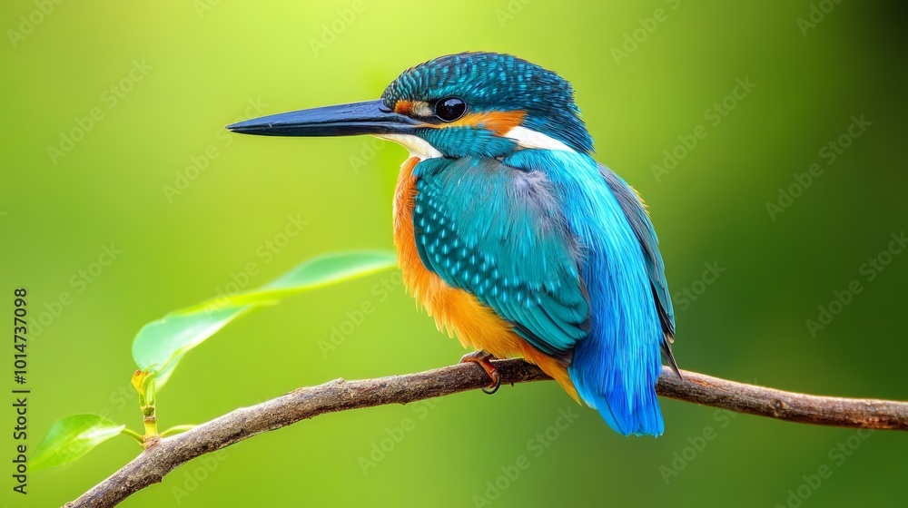 A vibrant blue and orange kingfisher perched on a branch with a blurred green background. A vibrant blue and orange kingfisher perched on a branch with a blurred green background.