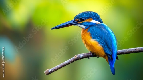 A vibrant blue and orange kingfisher perches on a branch, its sharp beak pointed forward, against a soft green background.