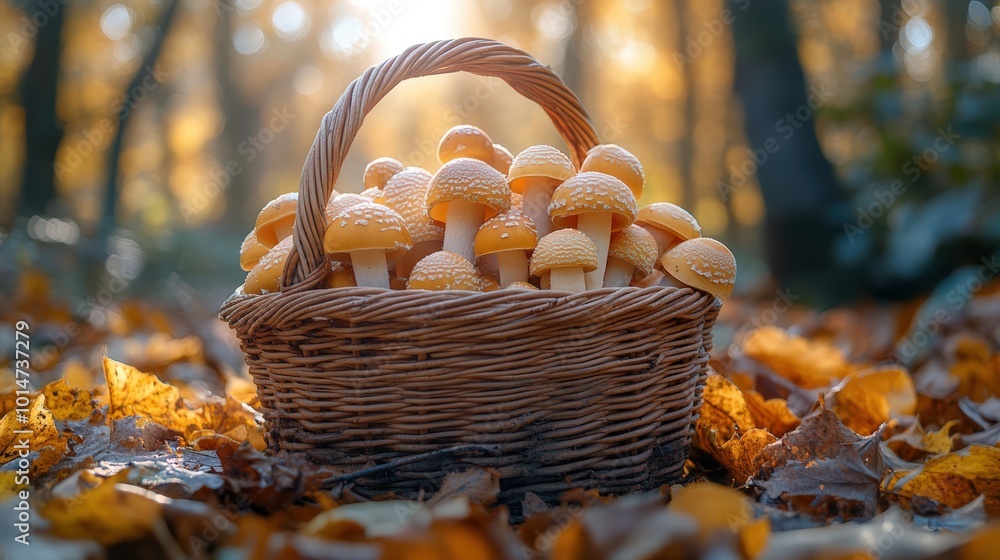 A wicker basket of mushrooms under a tree in an autumn forest A wicker basket of mushrooms under a tree in an autumn forest