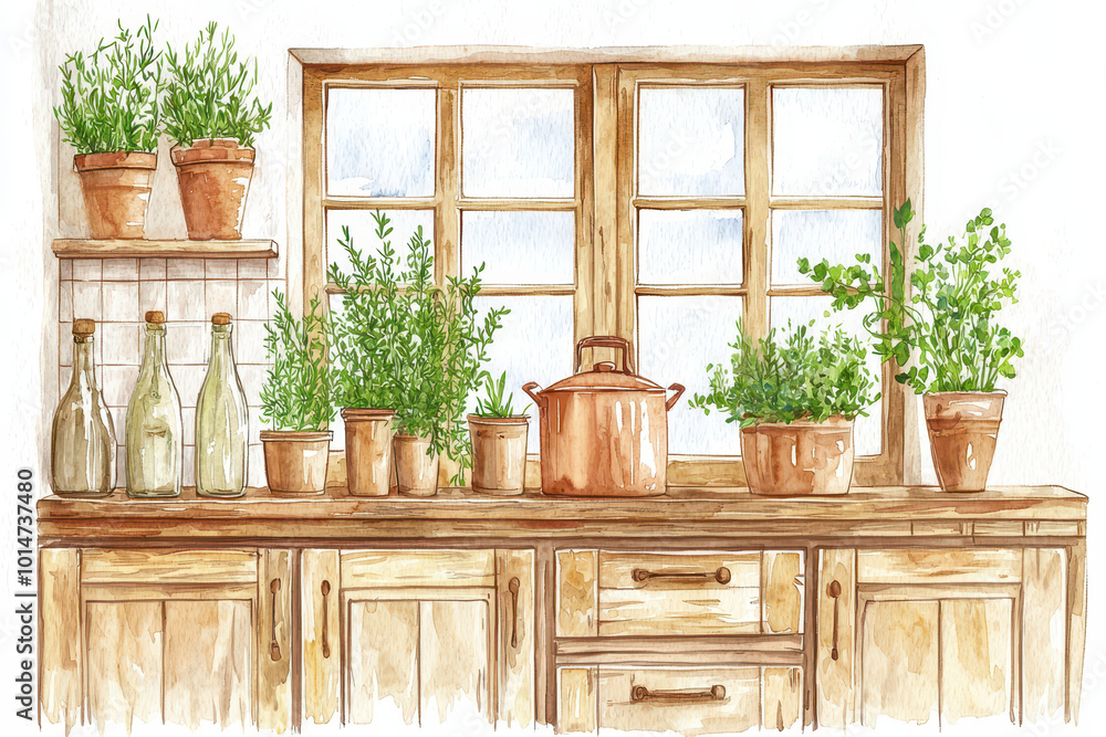 A quaint kitchen scene featuring herbs in pots on a wooden counter beside a window, evoking a cozy and natural atmosphere. A quaint kitchen scene featuring herbs in pots on a wooden counter beside a window, evoking a cozy and natural atmosphere.